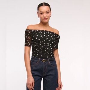 Abercrombie Women's  Black White Polka Dot Mesh Fold over Bodysuit Size L